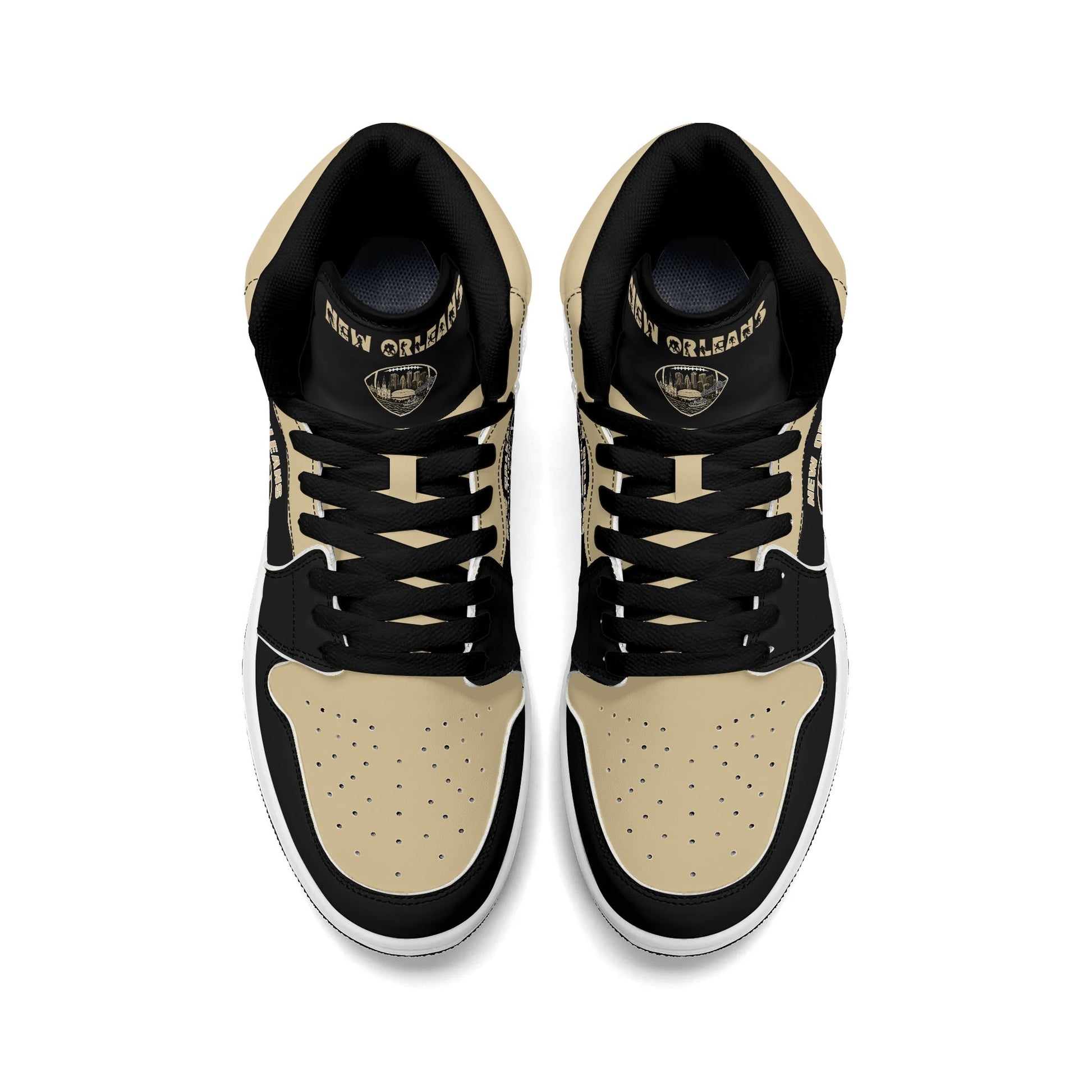 New Orleans football-inspired Jamrock High top sneaker in black and old gold with a French Quarter skyline football badge and NOLA heel stamp
