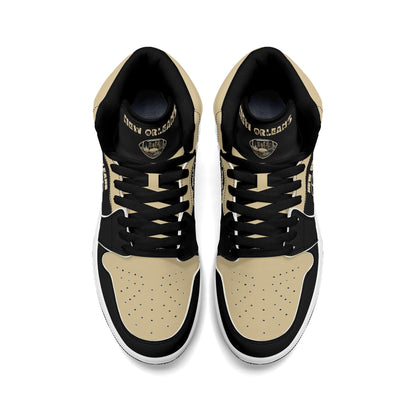 New Orleans football-inspired Jamrock High top sneaker in black and old gold with a French Quarter skyline football badge and NOLA heel stamp