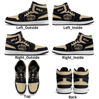 New Orleans football-inspired Jamrock High top sneaker in black and old gold with a French Quarter skyline football badge and NOLA heel stamp
