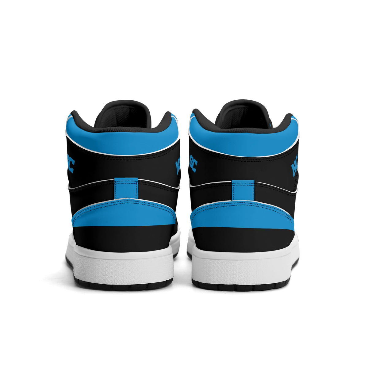 Carolina football-inspired Jamrock High top sneaker in black and blue with a Charlotte skyline football badge and black laces