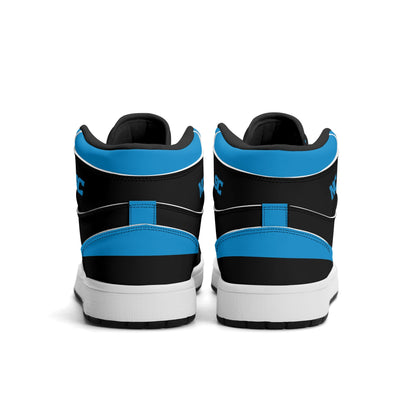 Carolina football-inspired Jamrock High top sneaker in black and blue with a Charlotte skyline football badge and black laces