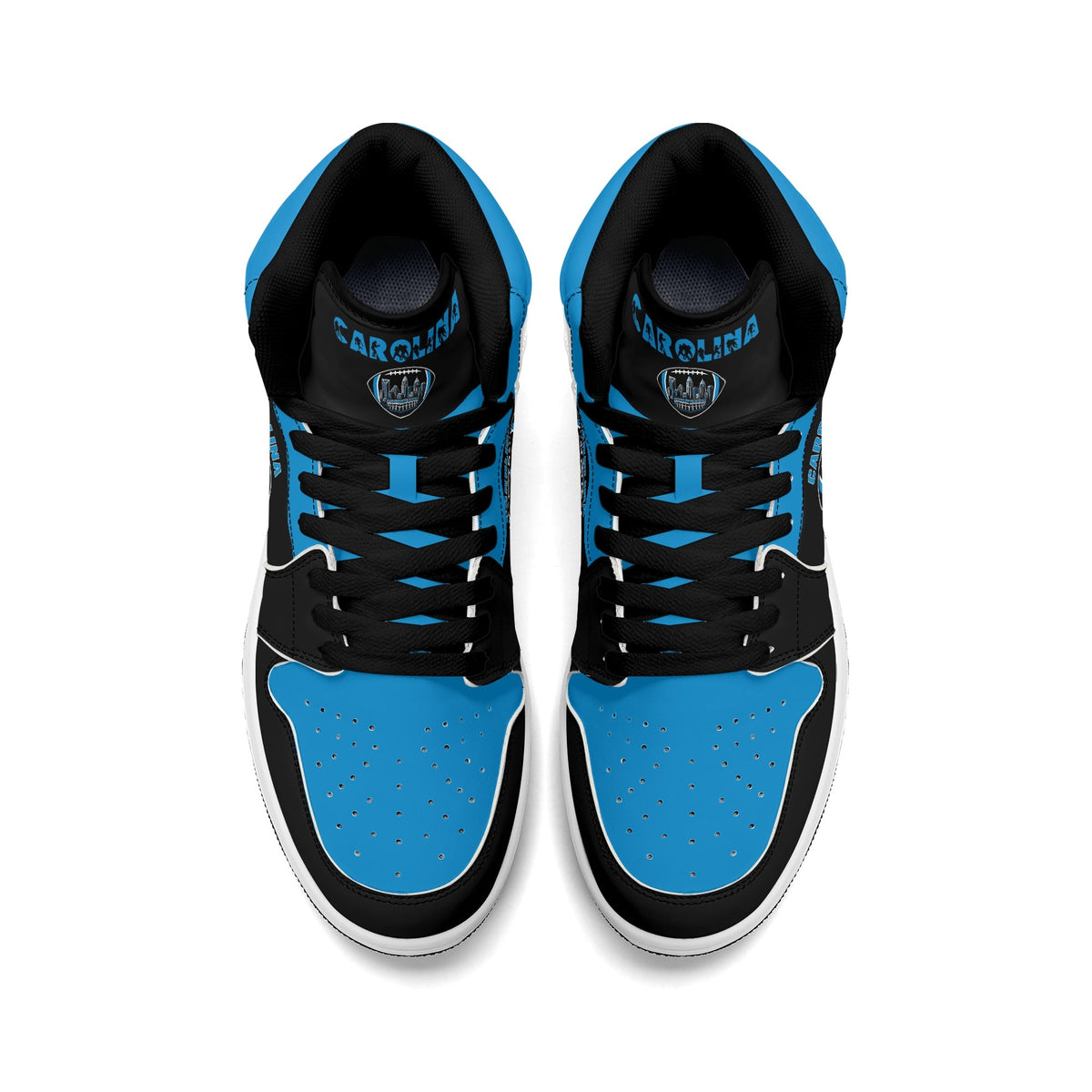 Carolina football-inspired Jamrock High top sneaker in black and blue with a Charlotte skyline football badge and black laces