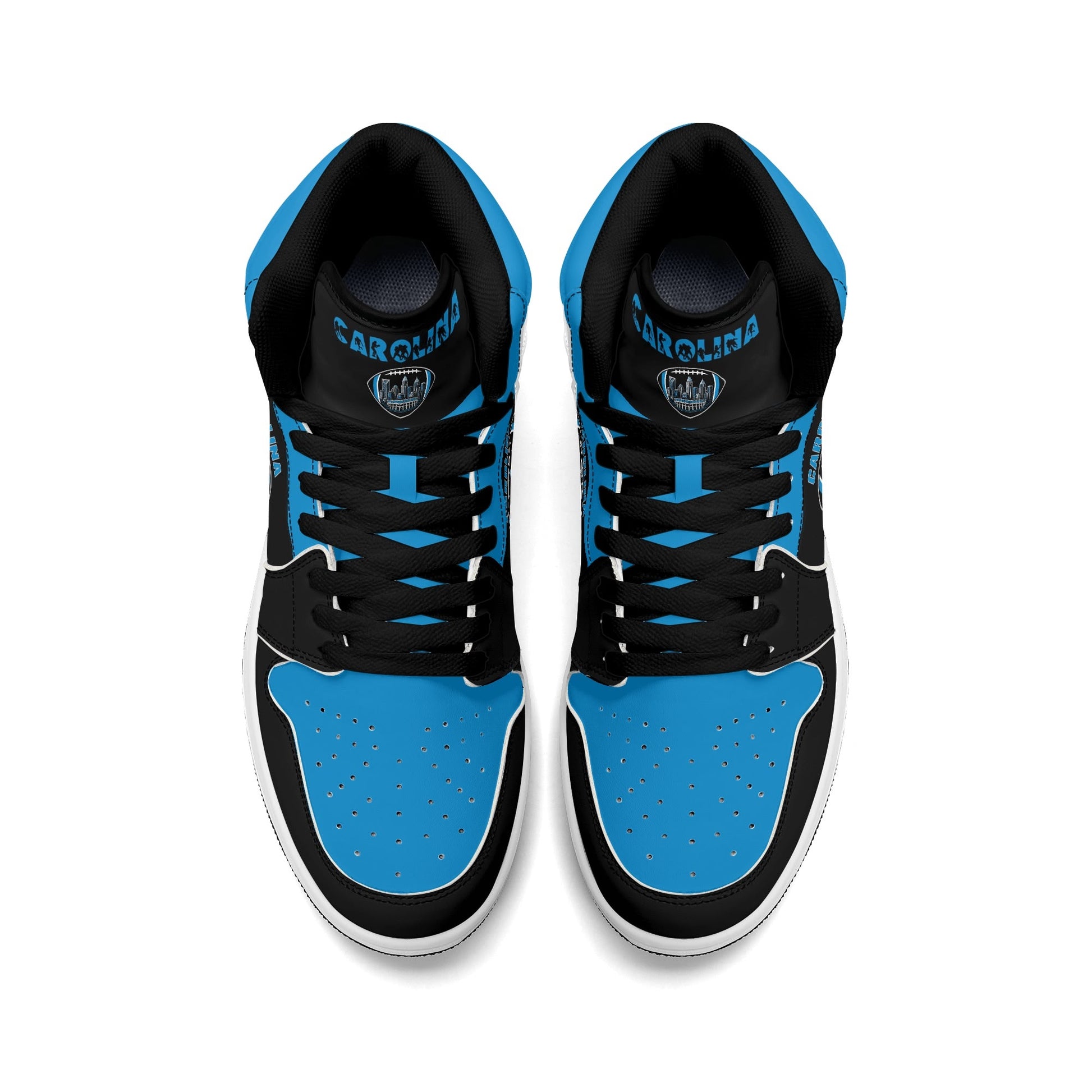 Carolina football-inspired Jamrock High top sneaker in black and blue with a Charlotte skyline football badge and black laces