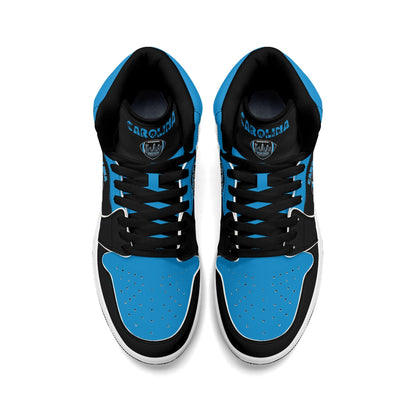 Carolina football-inspired Jamrock High top sneaker in black and blue with a Charlotte skyline football badge and black laces