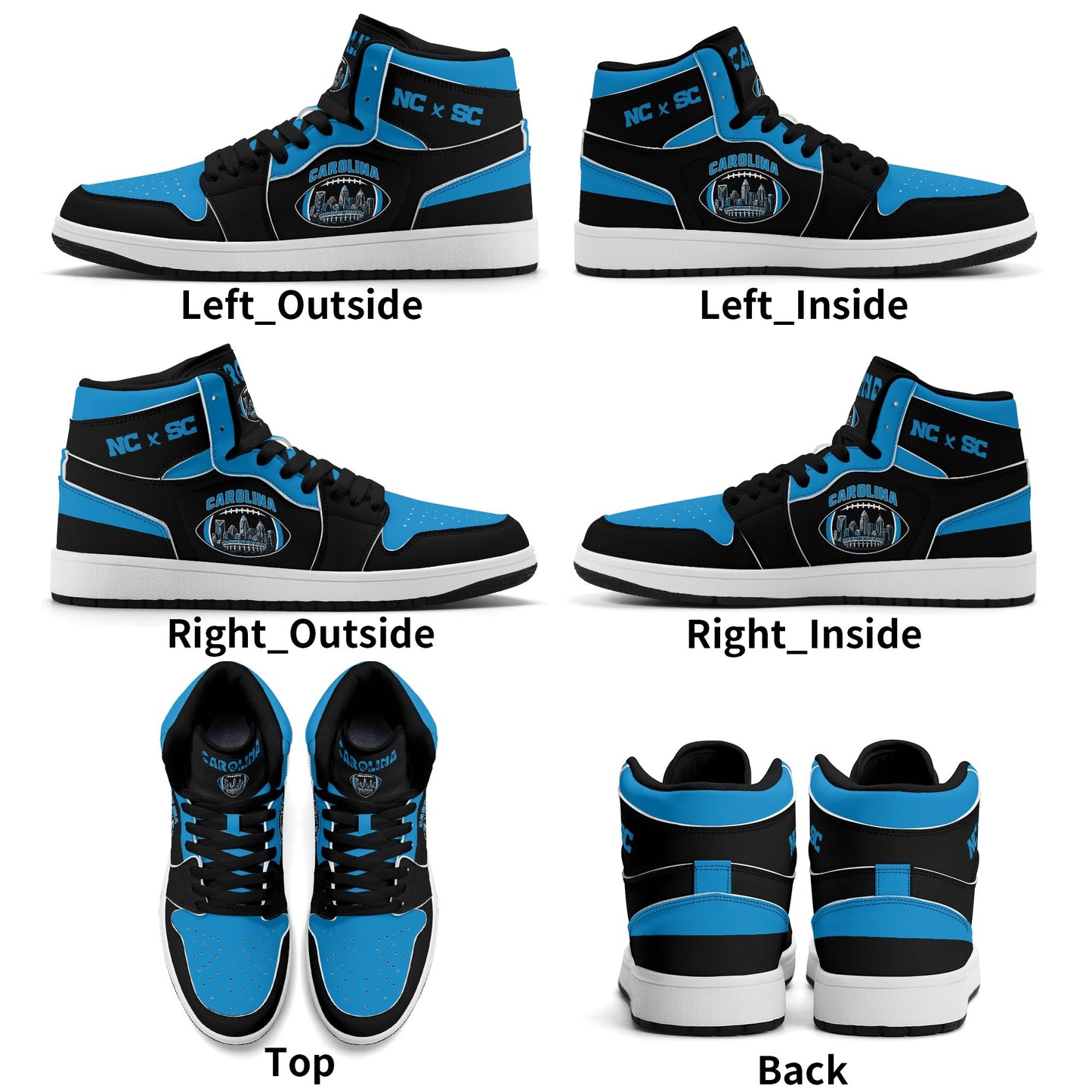 Carolina football-inspired Jamrock High top sneaker in black and blue with a Charlotte skyline football badge and black laces