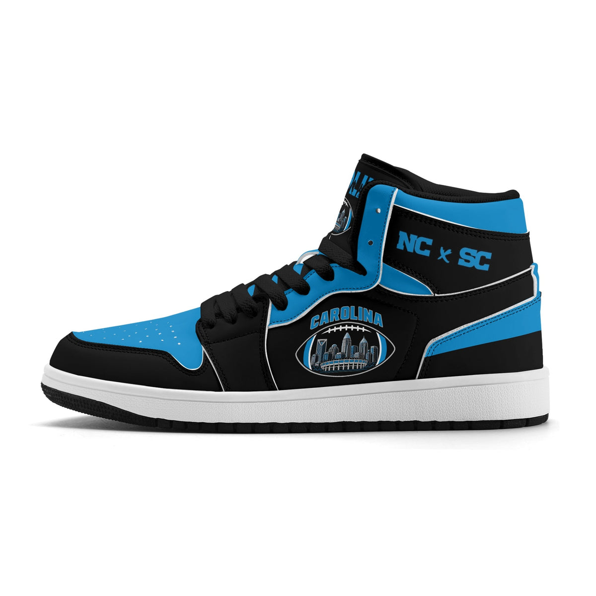 Carolina football-inspired Jamrock High top sneaker in black and blue with a Charlotte skyline football badge and black laces