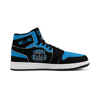 Carolina football-inspired Jamrock High top sneaker in black and blue with a Charlotte skyline football badge and black laces