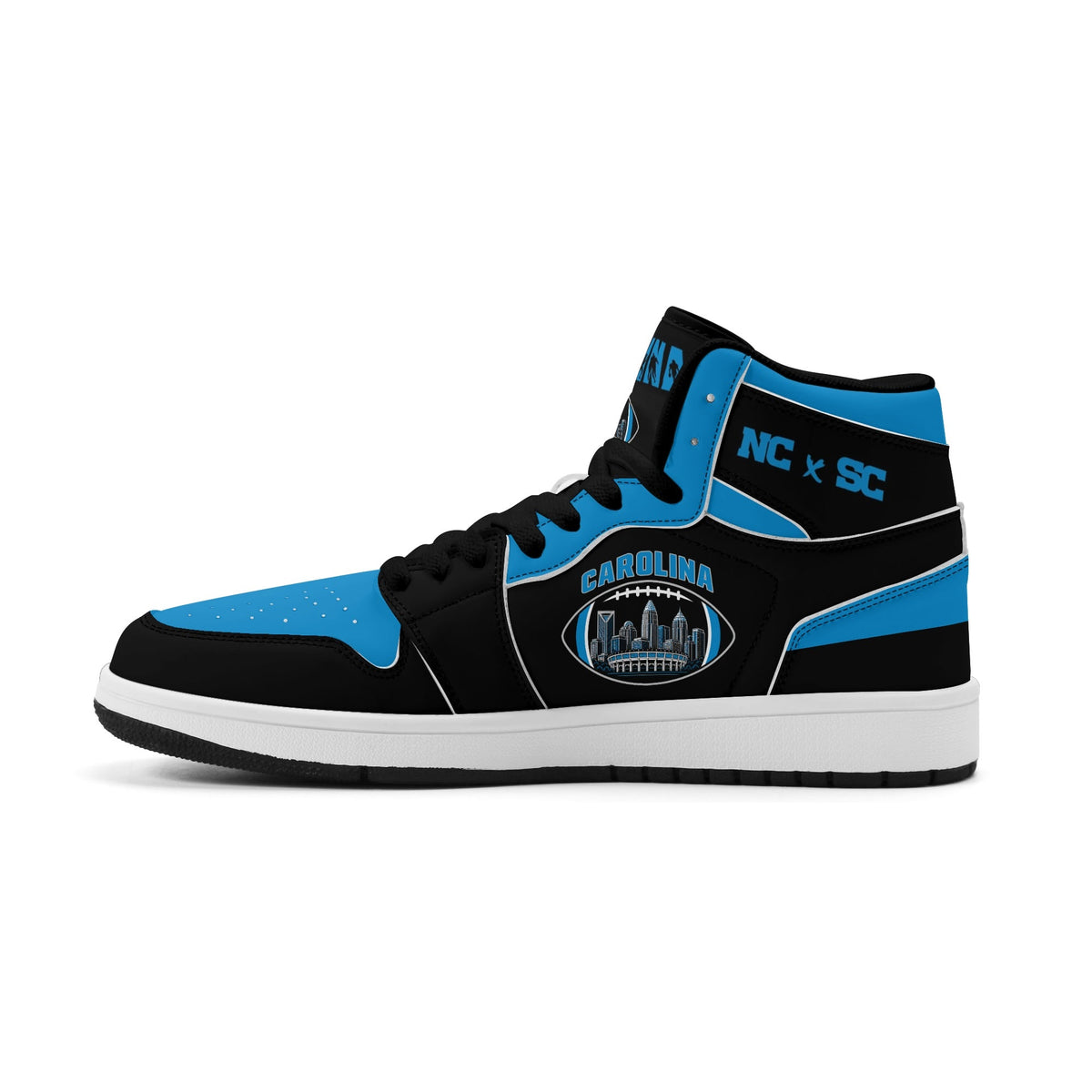Carolina football-inspired Jamrock High top sneaker in black and blue with a Charlotte skyline football badge and black laces