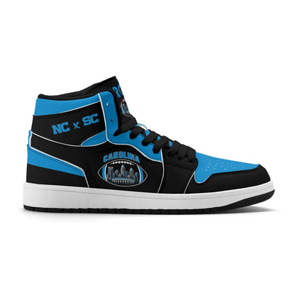 Carolina football-inspired Jamrock High top sneaker in black and blue with a Charlotte skyline football badge and black laces