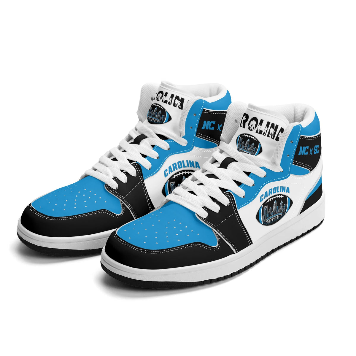 Carolina football-inspired Jamrock High top sneaker in white, blue and black with a Charlotte skyline football badge and NC x SC heel tab