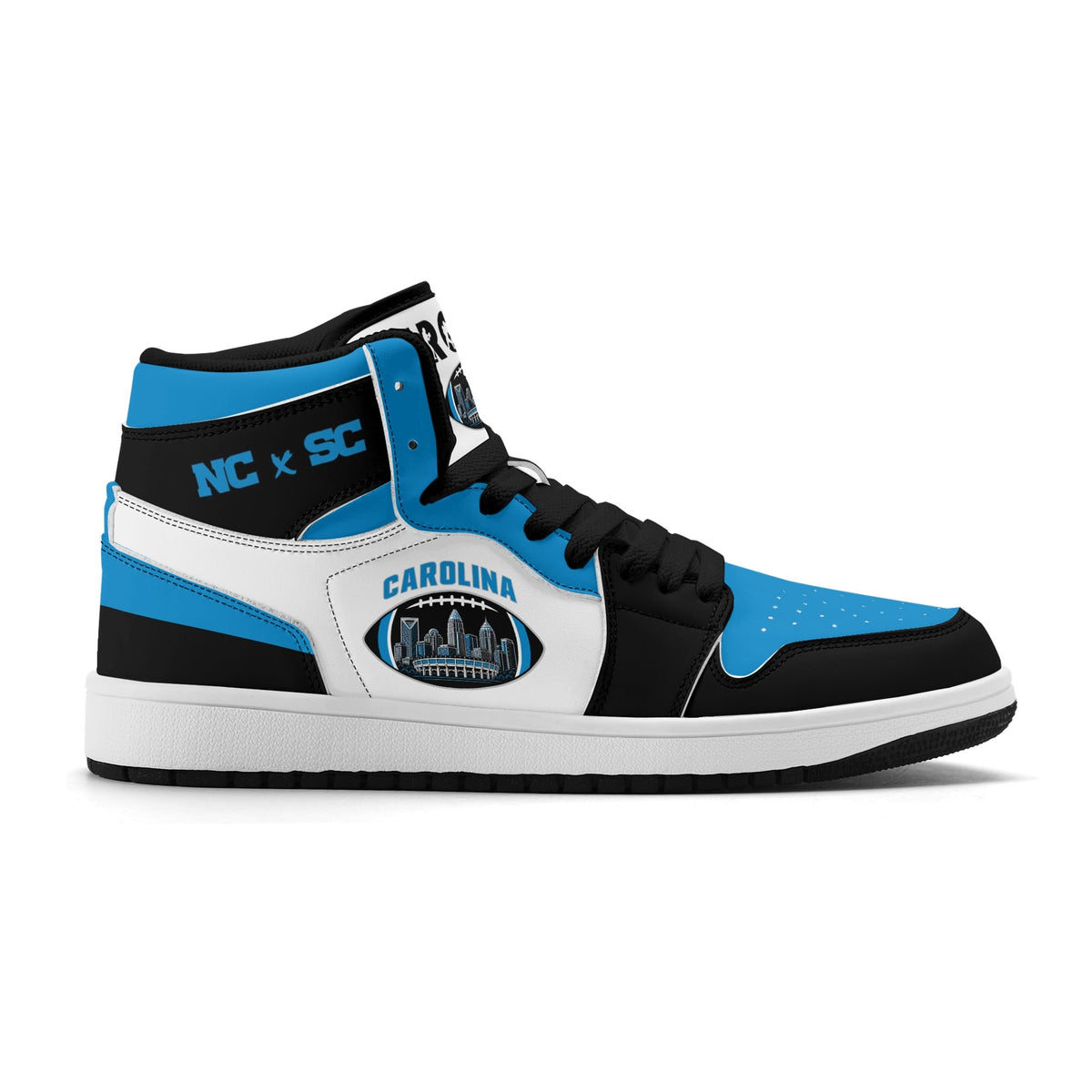 Carolina football-inspired Jamrock High top sneaker in white, blue and black with a Charlotte skyline football badge and NC x SC heel tab