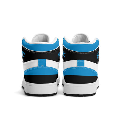 Carolina football-inspired Jamrock High top sneaker in white, blue and black with a Charlotte skyline football badge and NC x SC heel tab