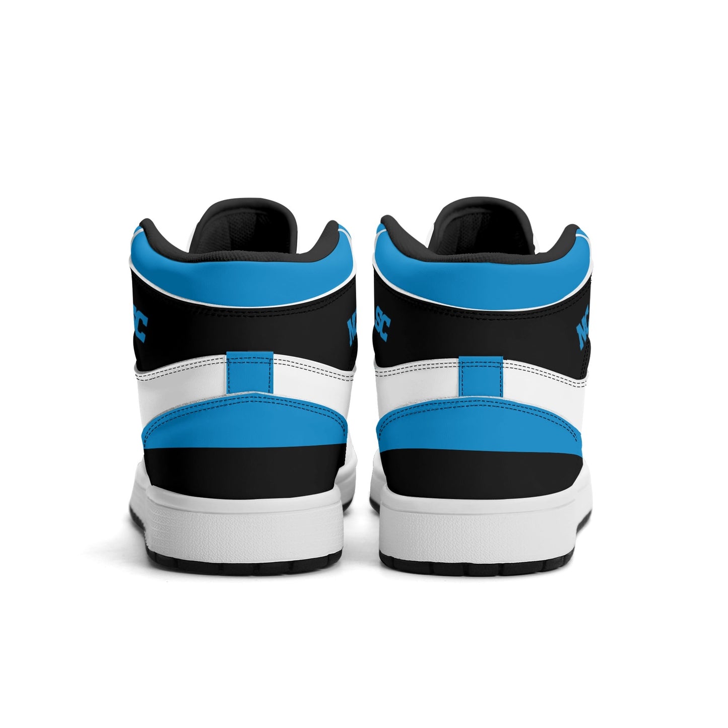Carolina football-inspired Jamrock High top sneaker in white, blue and black with a Charlotte skyline football badge and NC x SC heel tab