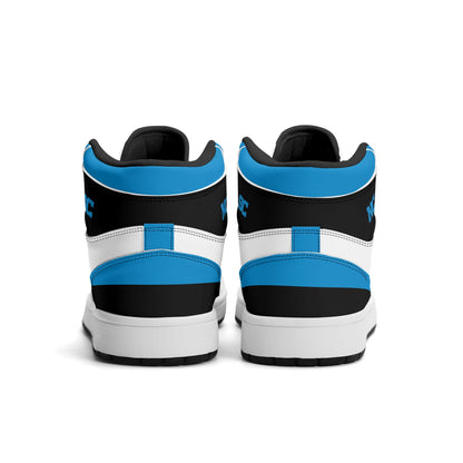 Carolina football-inspired Jamrock High top sneaker in white, blue and black with a Charlotte skyline football badge and NC x SC heel tab