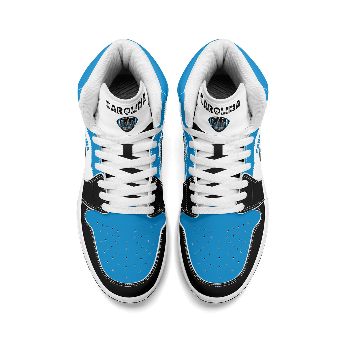 Carolina football-inspired Jamrock High top sneaker in white, blue and black with a Charlotte skyline football badge and NC x SC heel tab
