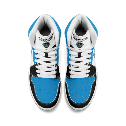 Carolina football-inspired Jamrock High top sneaker in white, blue and black with a Charlotte skyline football badge and NC x SC heel tab