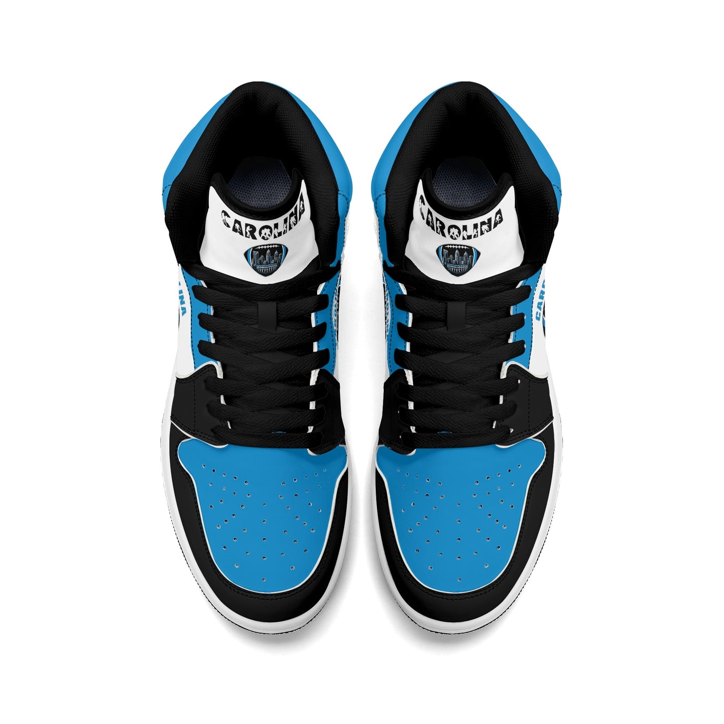 Carolina football-inspired Jamrock High top sneaker in white, blue and black with a Charlotte skyline football badge and NC x SC heel tab