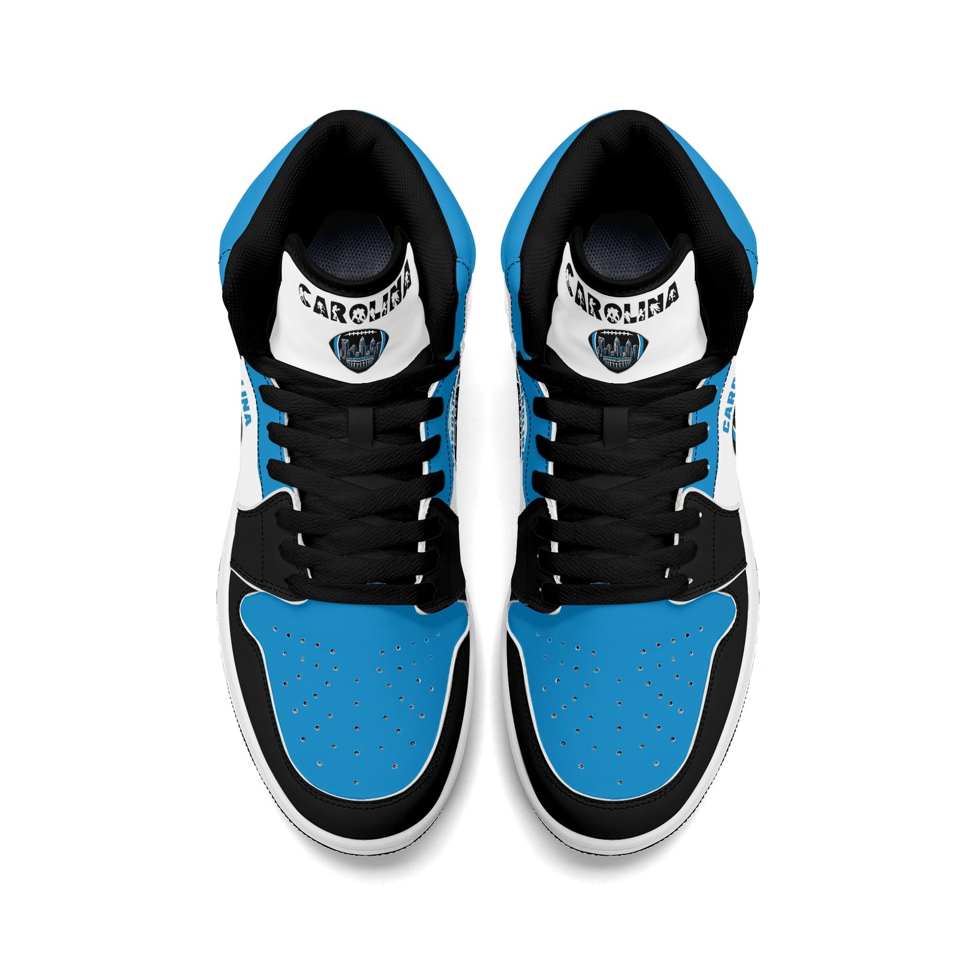 Carolina football-inspired Jamrock High top sneaker in white, blue and black with a Charlotte skyline football badge and NC x SC heel tab