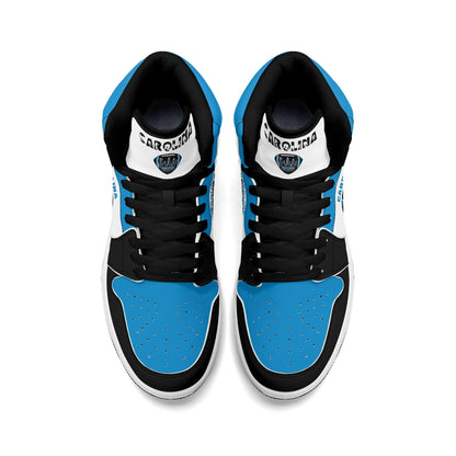 Carolina football-inspired Jamrock High top sneaker in white, blue and black with a Charlotte skyline football badge and NC x SC heel tab