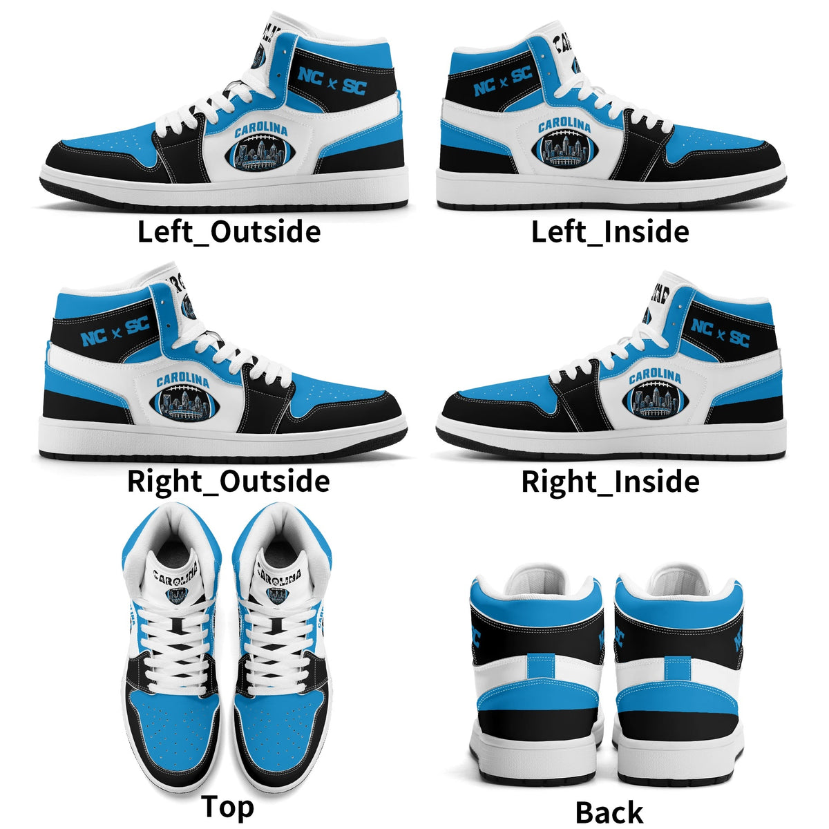 Carolina football-inspired Jamrock High top sneaker in white, blue and black with a Charlotte skyline football badge and NC x SC heel tab