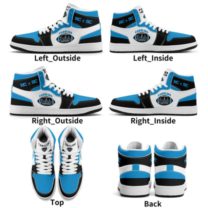 Carolina football-inspired Jamrock High top sneaker in white, blue and black with a Charlotte skyline football badge and NC x SC heel tab