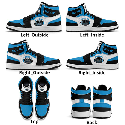 Carolina football-inspired Jamrock High top sneaker in white, blue and black with a Charlotte skyline football badge and NC x SC heel tab