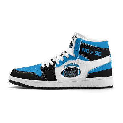 Carolina football-inspired Jamrock High top sneaker in white, blue and black with a Charlotte skyline football badge and NC x SC heel tab