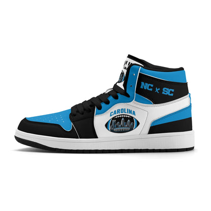 Carolina football-inspired Jamrock High top sneaker in white, blue and black with a Charlotte skyline football badge and NC x SC heel tab