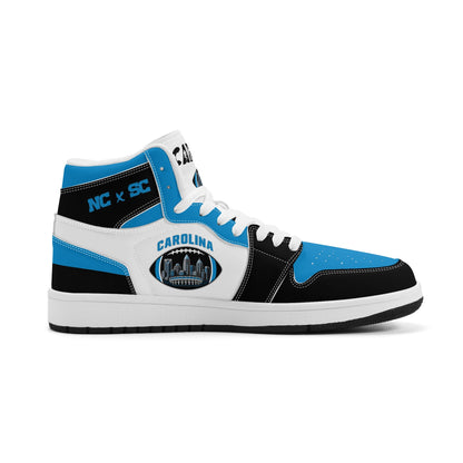 Carolina football-inspired Jamrock High top sneaker in white, blue and black with a Charlotte skyline football badge and NC x SC heel tab