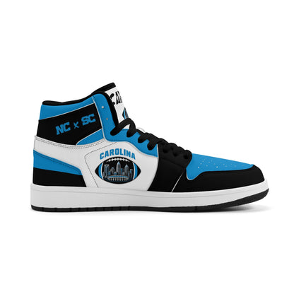 Carolina football-inspired Jamrock High top sneaker in white, blue and black with a Charlotte skyline football badge and NC x SC heel tab
