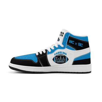 Carolina football-inspired Jamrock High top sneaker in white, blue and black with a Charlotte skyline football badge and NC x SC heel tab