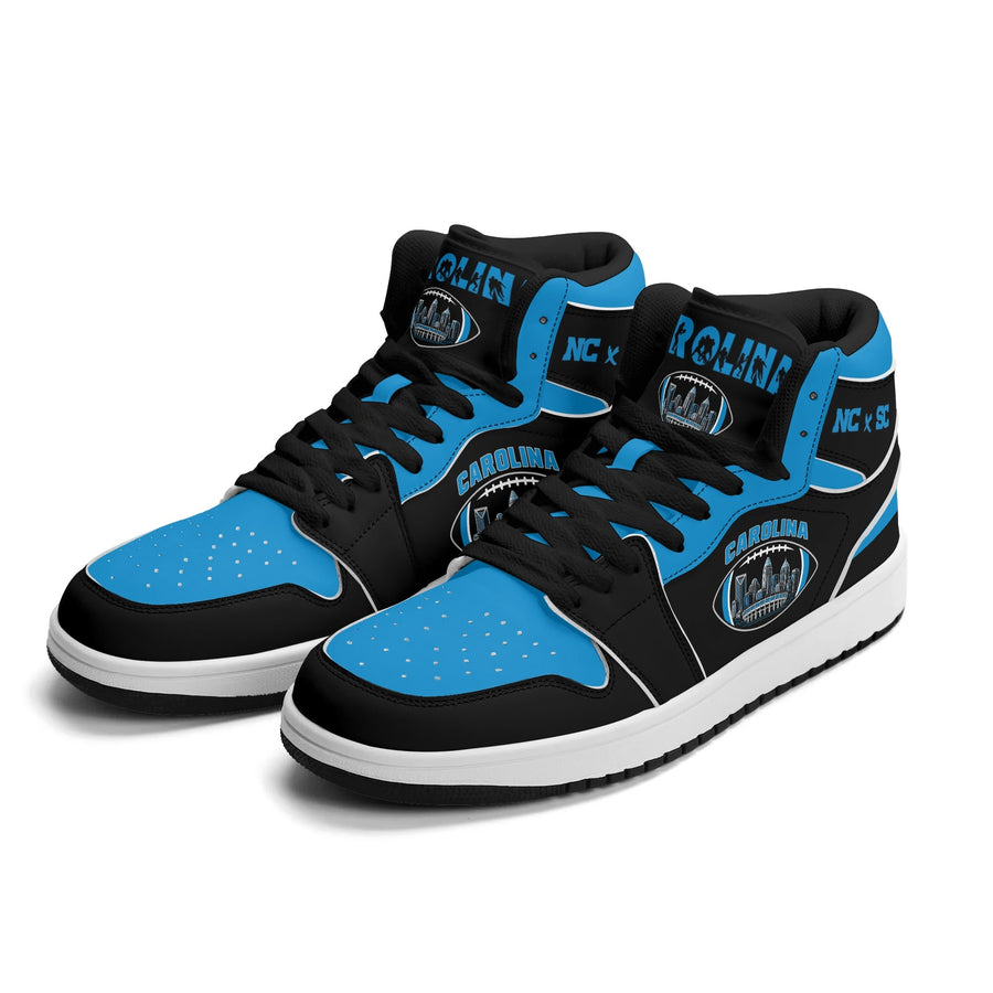Carolina football-inspired Jamrock High top sneaker in black and blue with a Charlotte skyline football badge and black laces