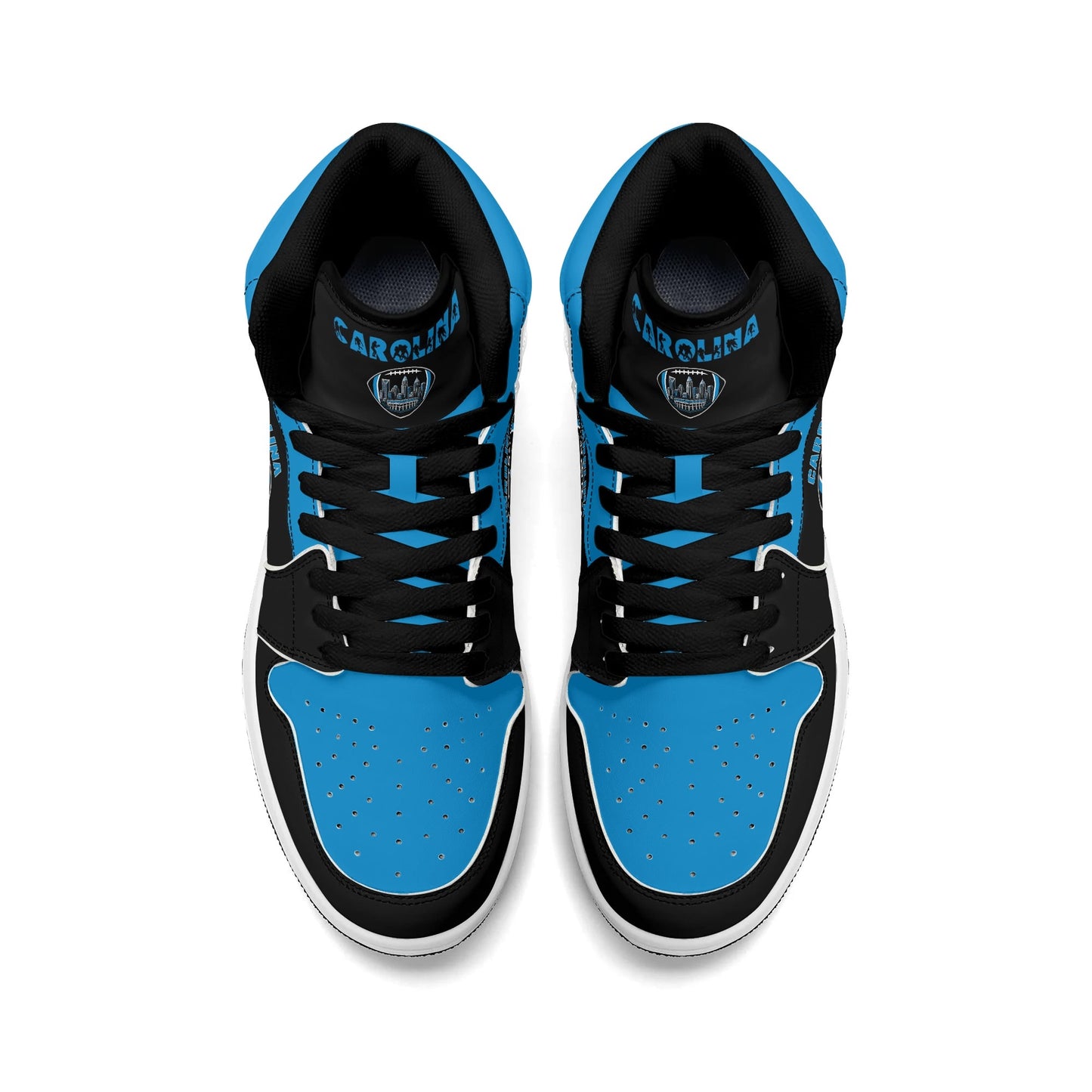 Carolina football-inspired Jamrock High top sneaker in black and blue with a Charlotte skyline football badge and black laces