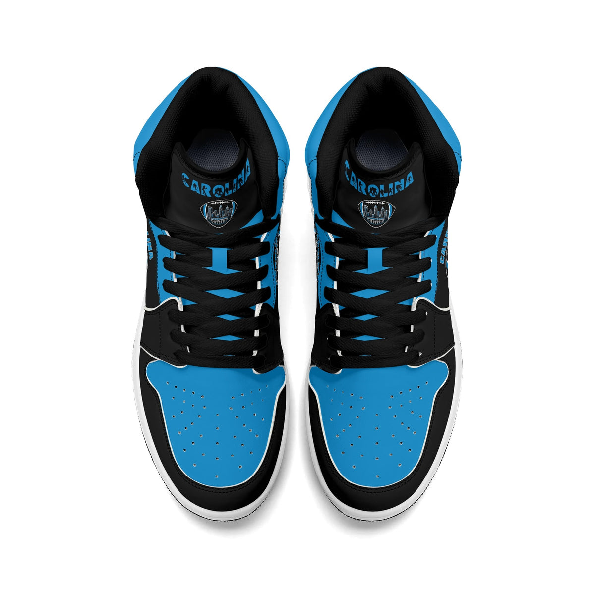 Carolina football-inspired Jamrock High top sneaker in black and blue with a Charlotte skyline football badge and black laces