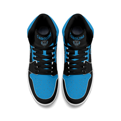 Carolina football-inspired Jamrock High top sneaker in black and blue with a Charlotte skyline football badge and black laces