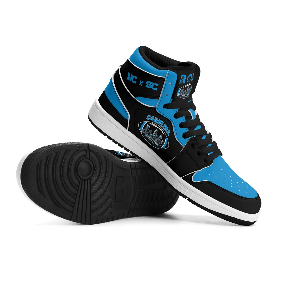 Carolina football-inspired Jamrock High top sneaker in black and blue with a Charlotte skyline football badge and black laces