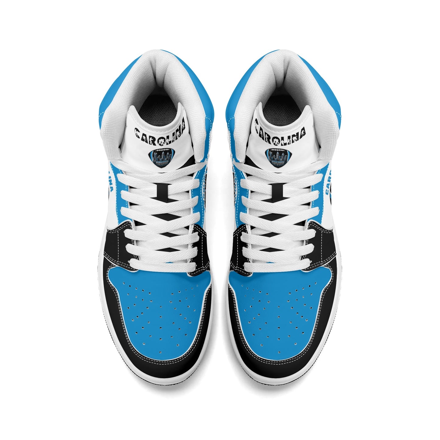Carolina football-inspired Jamrock High top sneaker in white, blue and black with a Charlotte skyline football badge and NC x SC heel tab