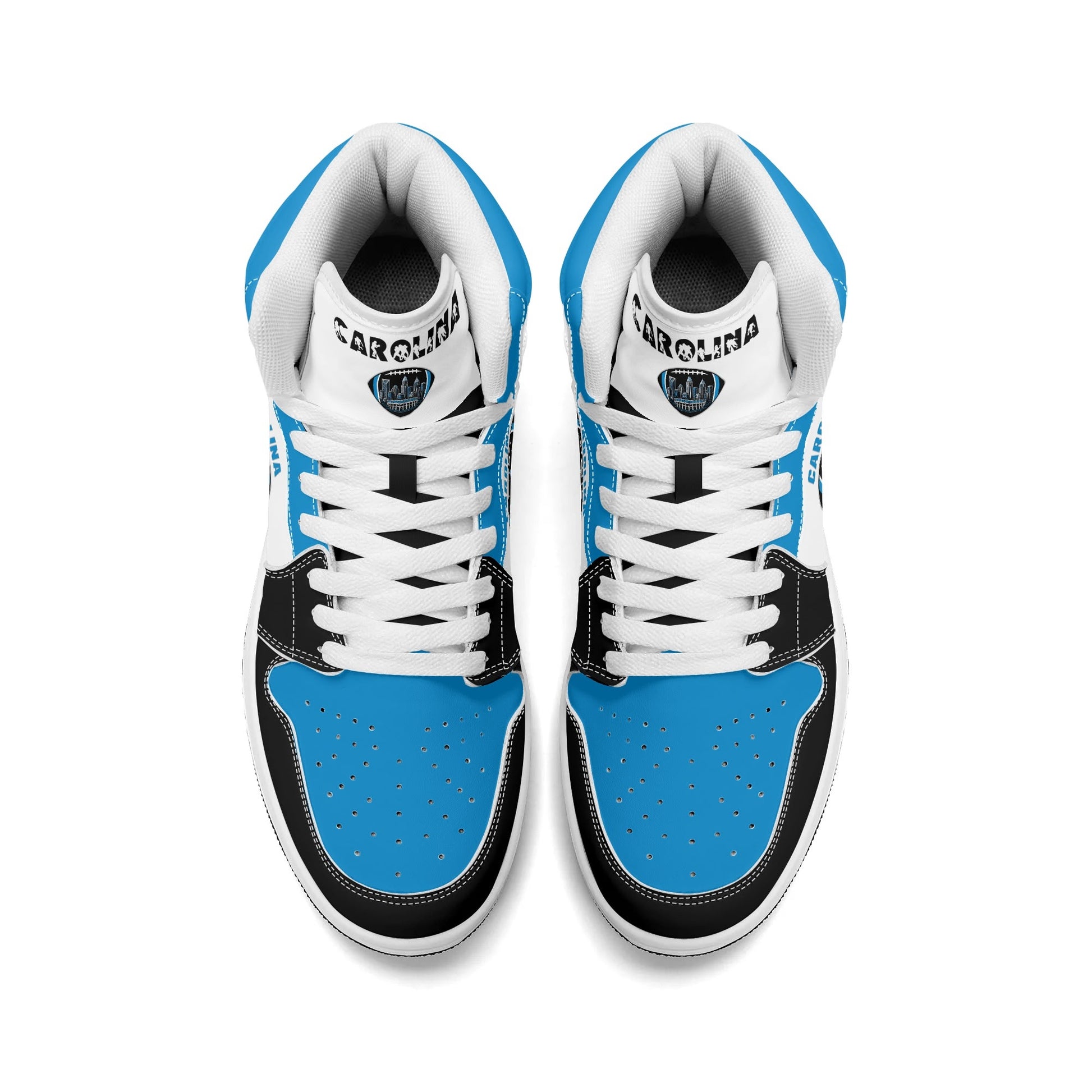 Carolina football-inspired Jamrock High top sneaker in white, blue and black with a Charlotte skyline football badge and NC x SC heel tab