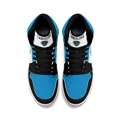 Carolina football-inspired Jamrock High top sneaker in white, blue and black with a Charlotte skyline football badge and NC x SC heel tab
