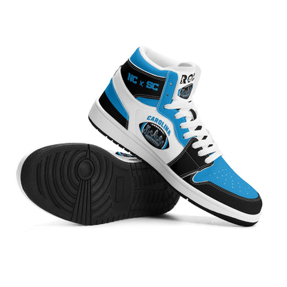 Carolina football-inspired Jamrock High top sneaker in white, blue and black with a Charlotte skyline football badge and NC x SC heel tab