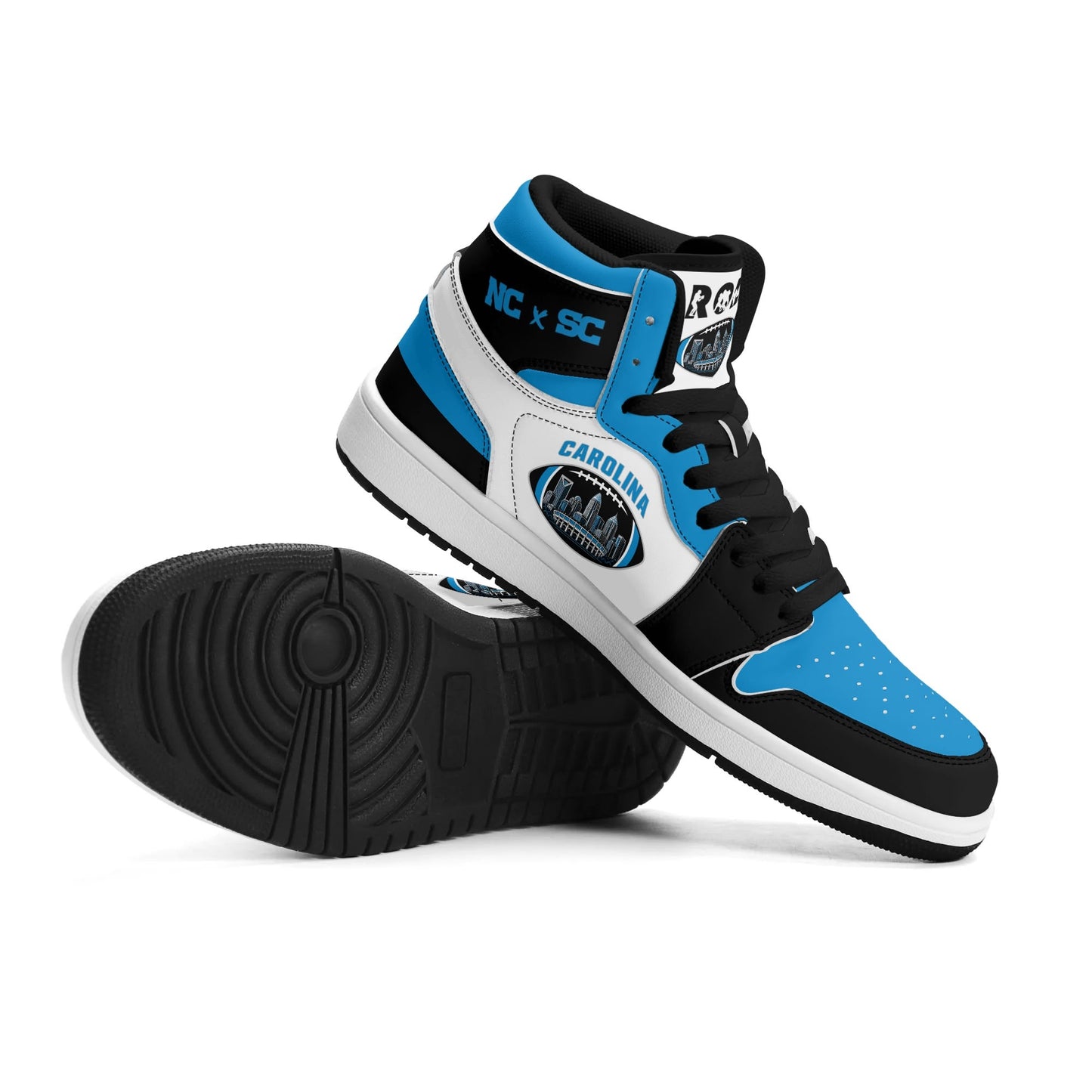 Carolina football-inspired Jamrock High top sneaker in white, blue and black with a Charlotte skyline football badge and NC x SC heel tab
