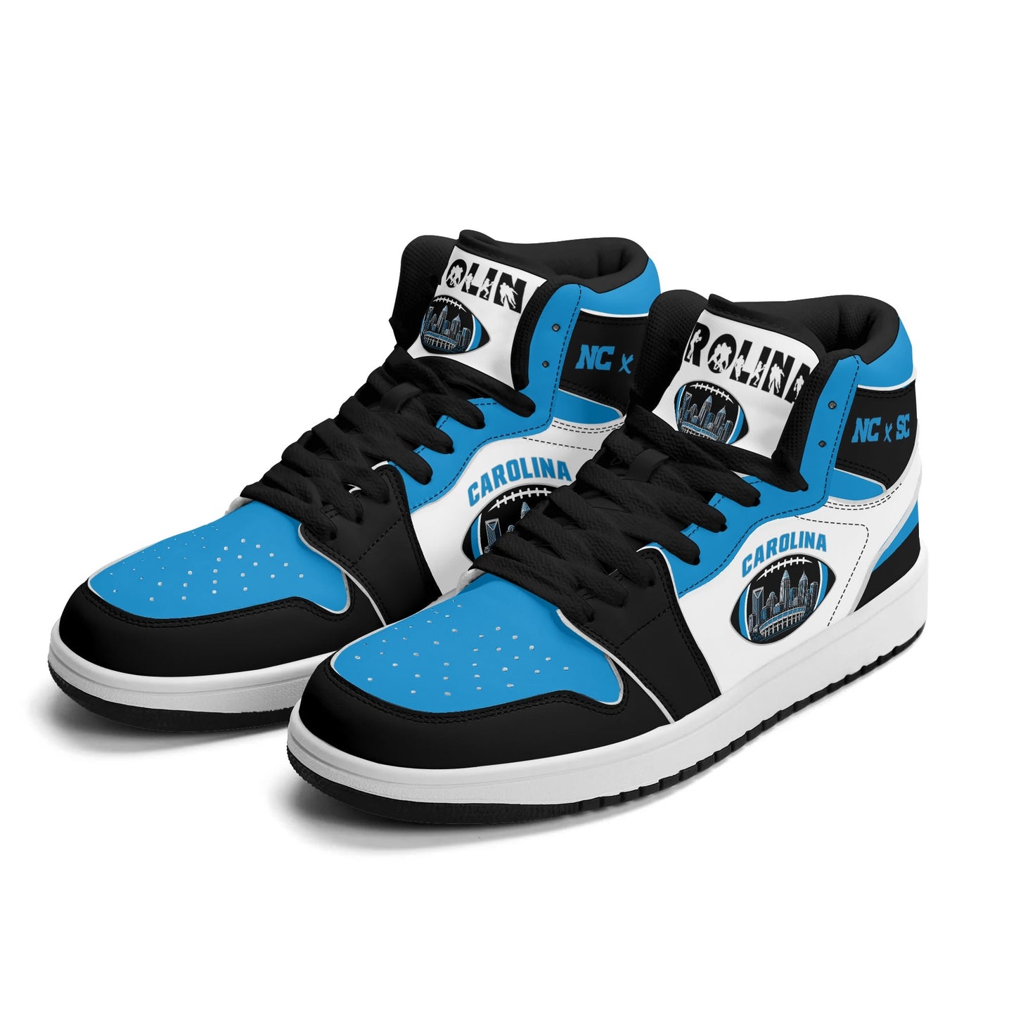 Carolina football-inspired Jamrock High top sneaker in white, blue and black with a Charlotte skyline football badge and NC x SC heel tab