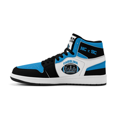 Carolina football-inspired Jamrock High top sneaker in white, blue and black with a Charlotte skyline football badge and NC x SC heel tab
