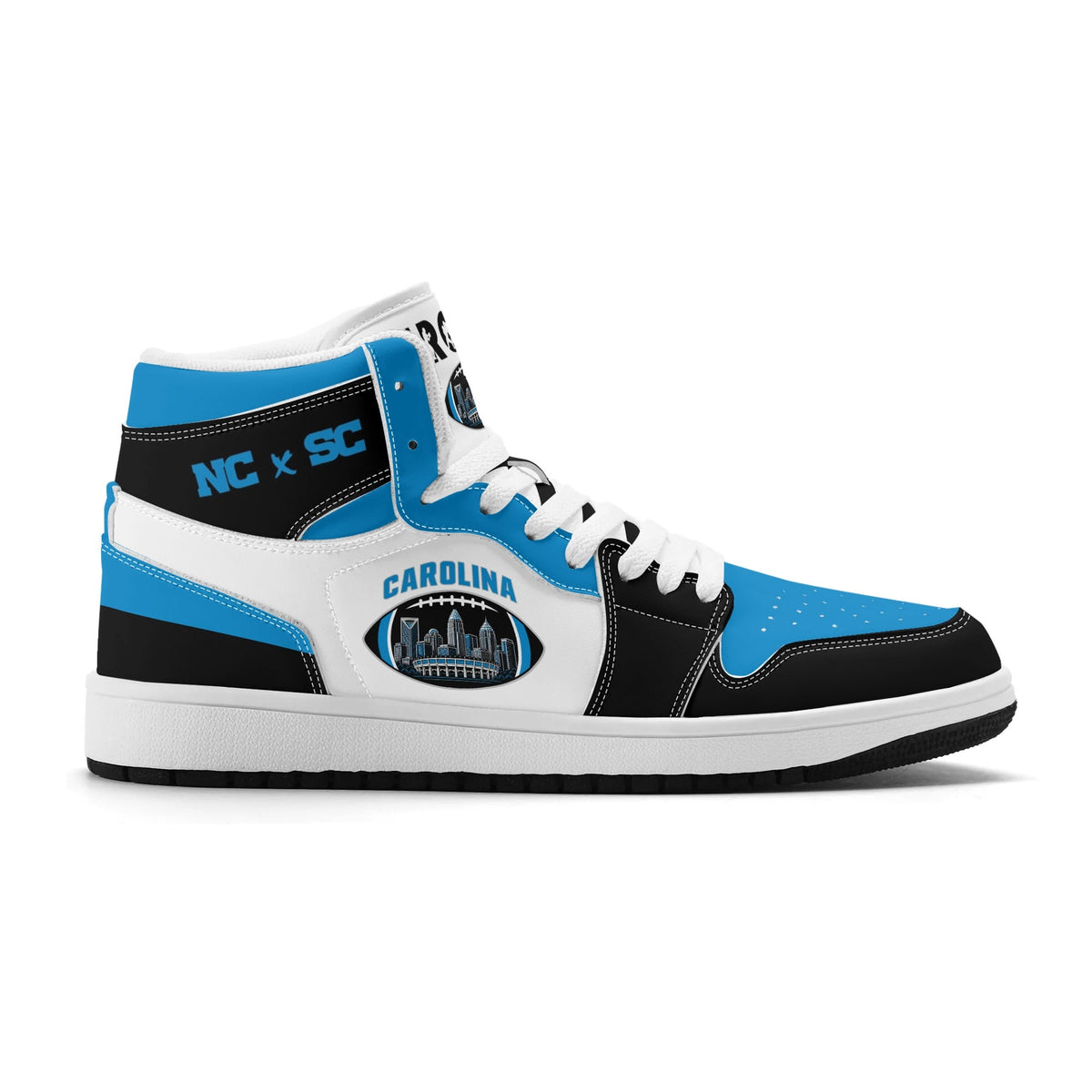 Carolina football-inspired Jamrock High top sneaker in white, blue and black with a Charlotte skyline football badge and NC x SC heel tab