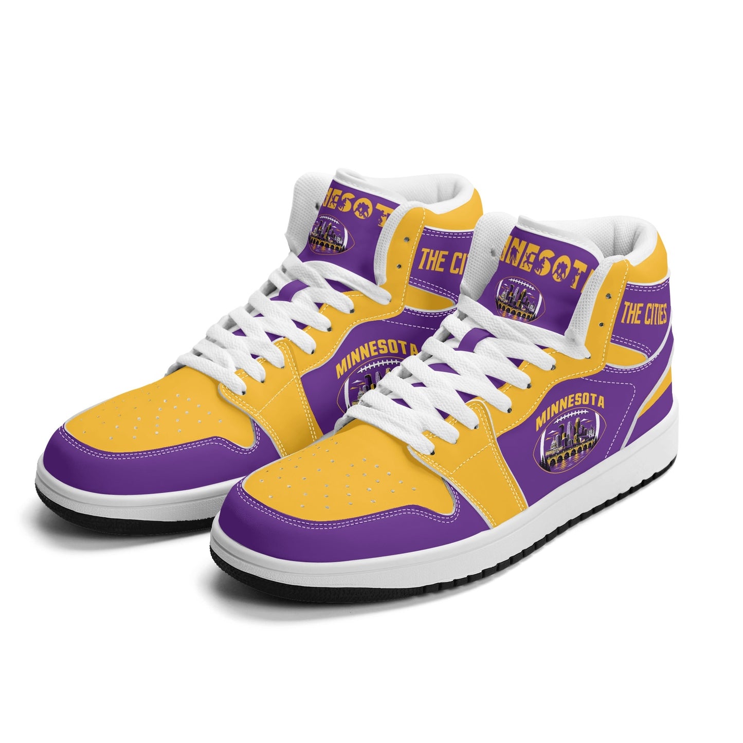 Minnesota football-inspired Jamrock High top sneaker in purple and gold with a Minneapolis skyline football badge and THE CITIES heel band