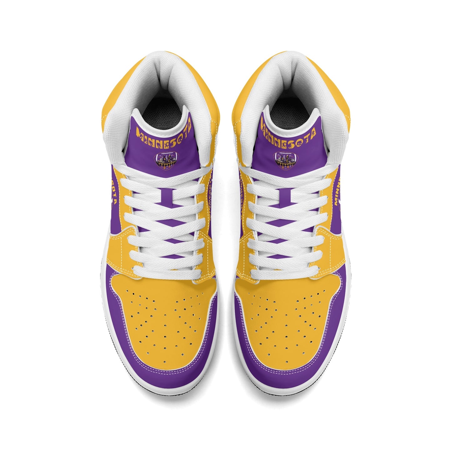 Minnesota football-inspired Jamrock High top sneaker in purple and gold with a Minneapolis skyline football badge and THE CITIES heel band
