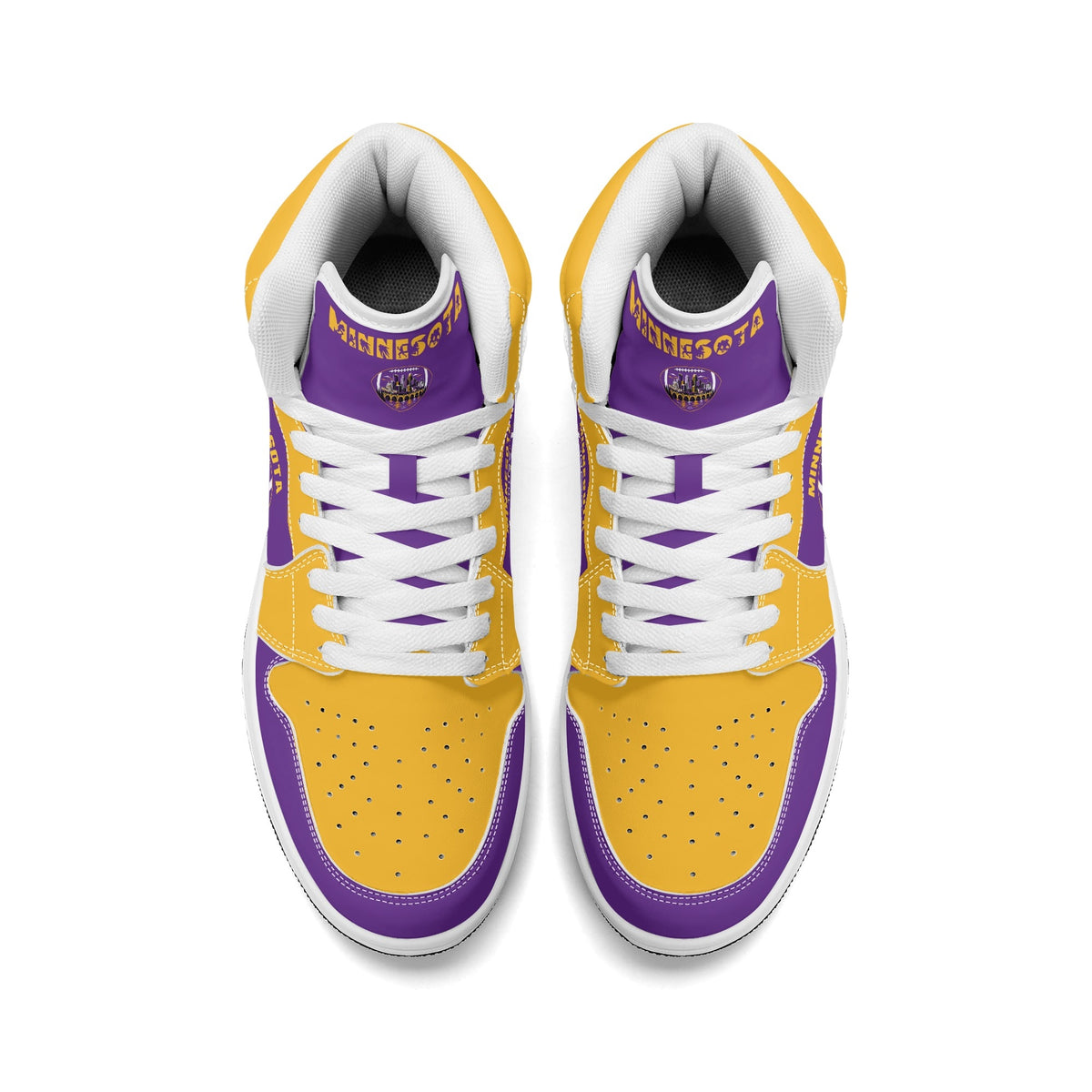 Minnesota football-inspired Jamrock High top sneaker in purple and gold with a Minneapolis skyline football badge and THE CITIES heel band