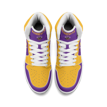 Minnesota football-inspired Jamrock High top sneaker in purple and gold with a Minneapolis skyline football badge and THE CITIES heel band
