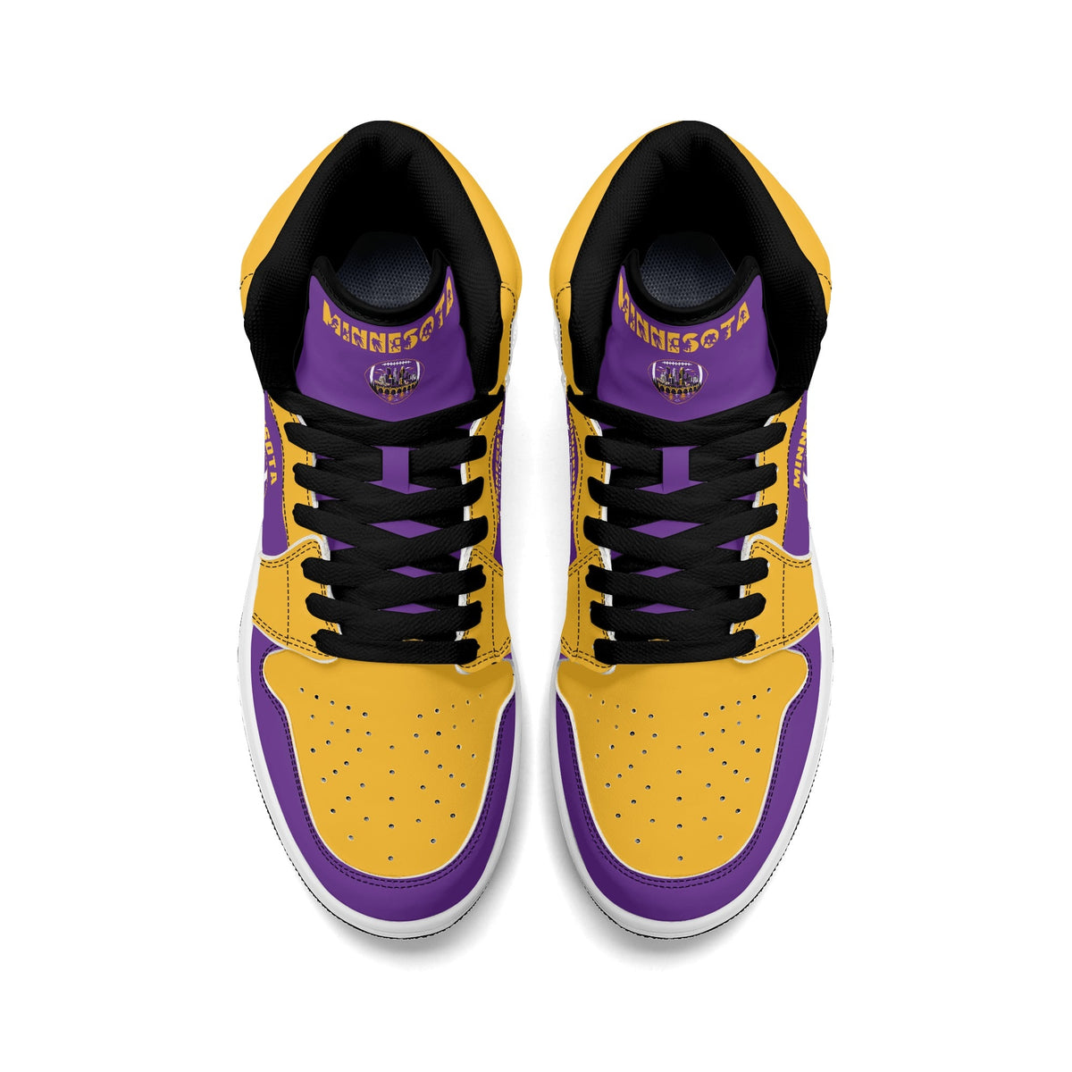 Minnesota football-inspired Jamrock High top sneaker in purple and gold with a Minneapolis skyline football badge and THE CITIES heel band