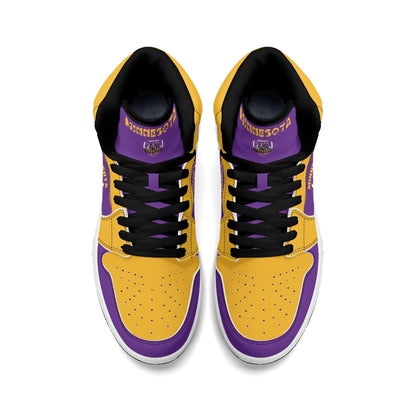 Minnesota football-inspired Jamrock High top sneaker in purple and gold with a Minneapolis skyline football badge and THE CITIES heel band